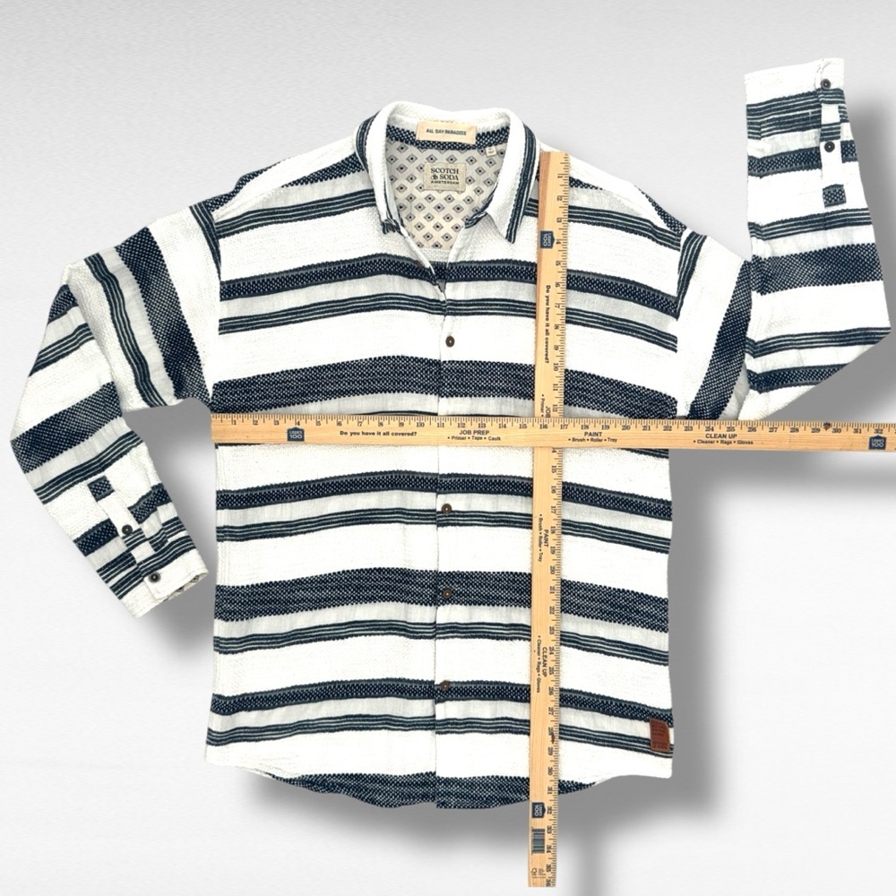 Scotch & Soda XL Basketweave Voile Button-Up Shirt White Navy Striped Resort - Picture 12 of 12
